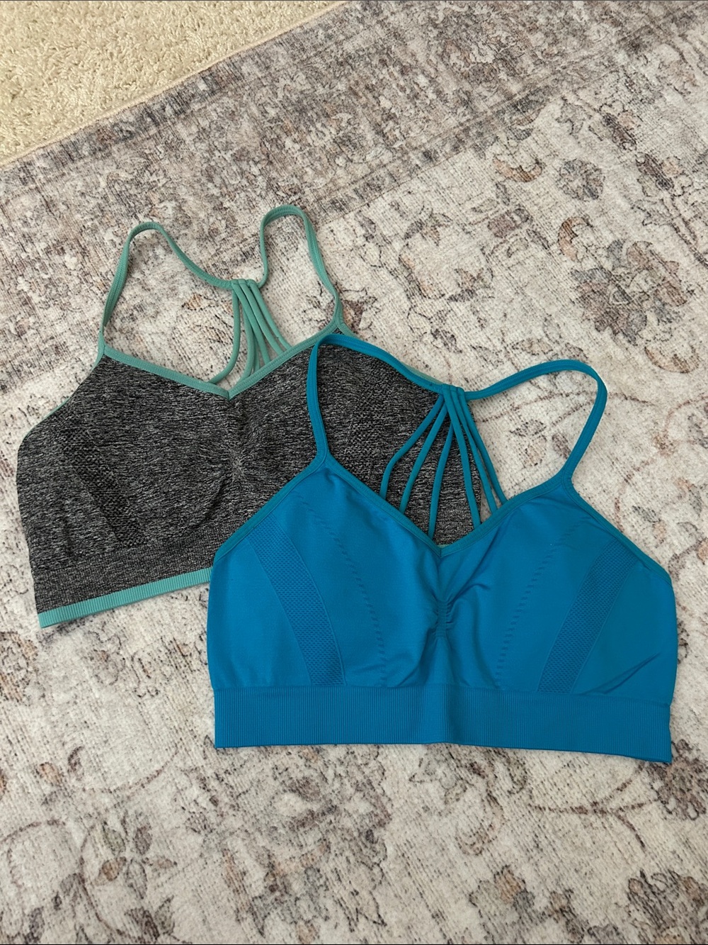 Sports Bras Set of 2 Seamless Strappy Wireless Bralette Teal & Heather Charcoal